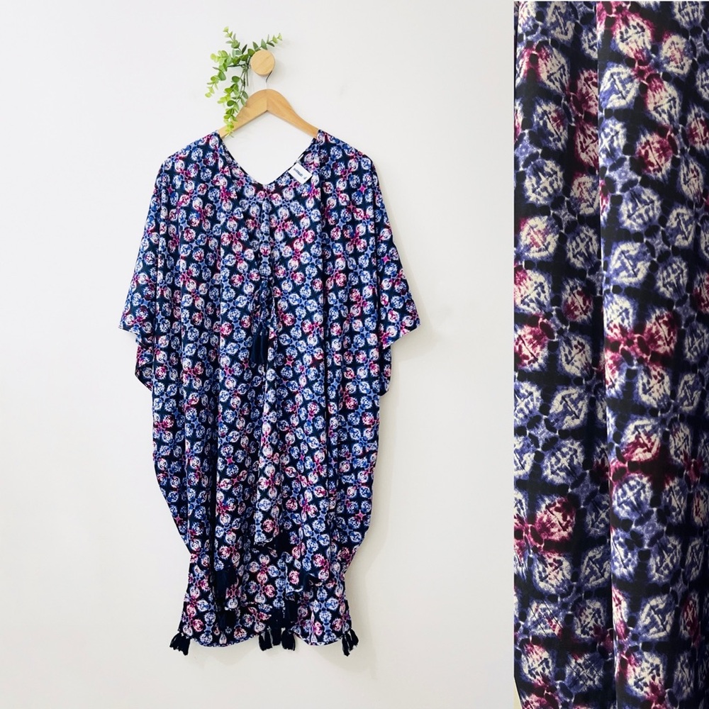 Swimsuits For All Navy Purple Print Tasseled Swim Beach Coverup Dress Plus Size